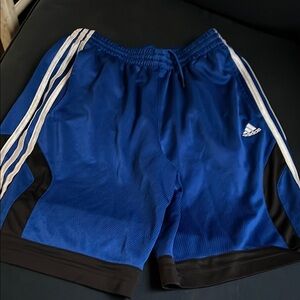 Adidas Blue and Black Athletic Shorts with Signature Stripes